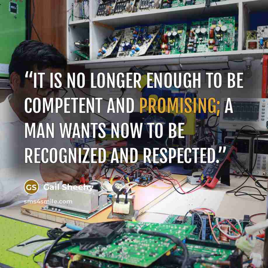 “It is no longer enough to be competent and promising; a man wants now to be recognized and respected.” quote by Gail Sheehy