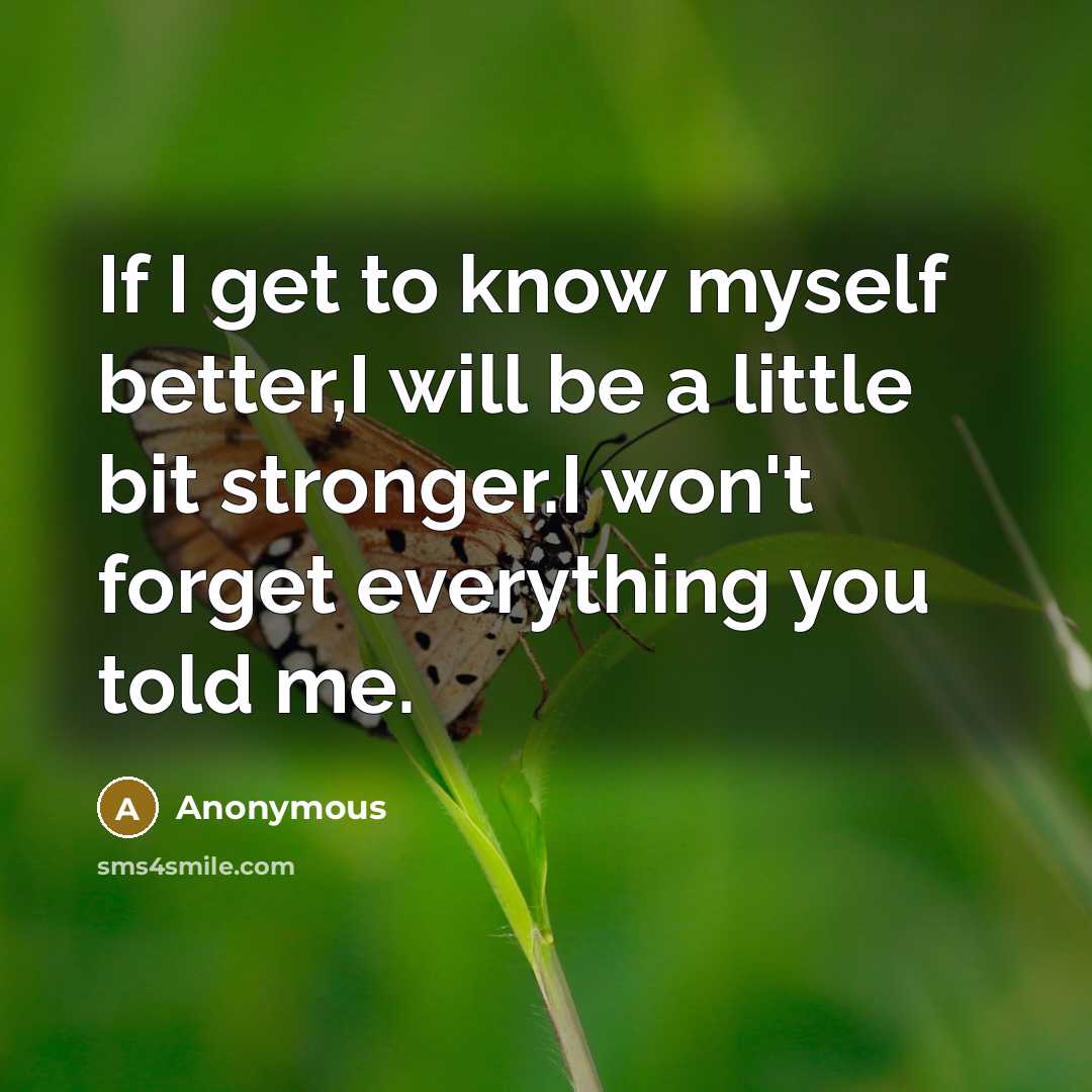 “If I get to know myself better,I will be a little bit stronger.I won't forget everything you told me.” quote by Anonymous