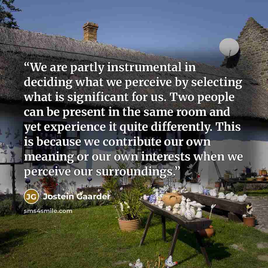 “We are partly instrumental in deciding what we perceive by selecting what is significant for us. Two people can be present in the same room and yet experience it quite differently. This is because we contribute our own meaning or our own interests when we perceive our surroundings.” quote by Jostein Gaarder