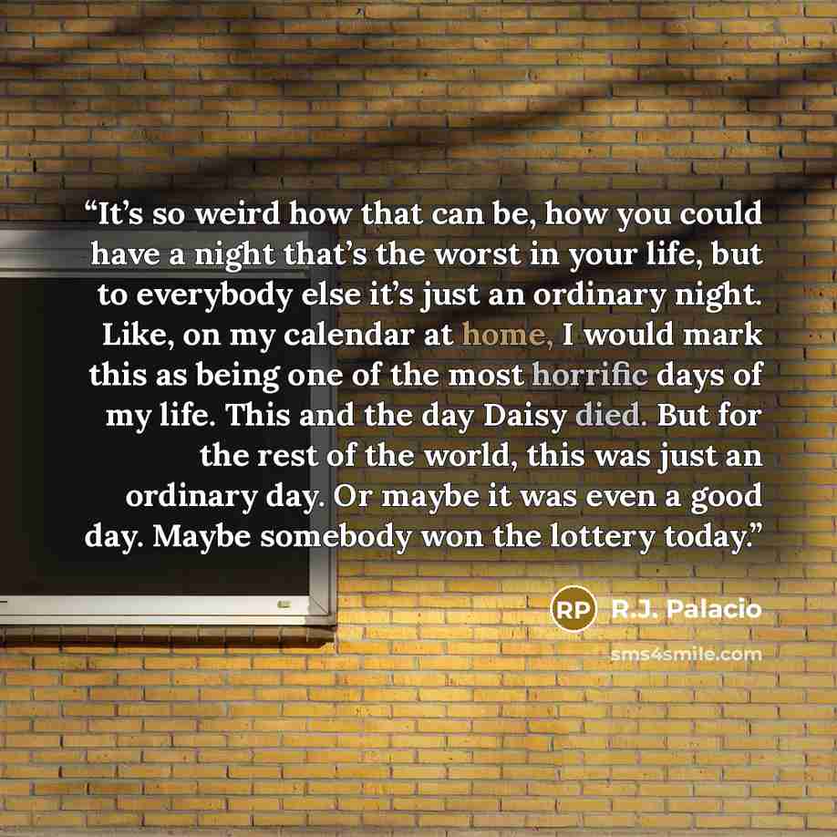 “It’s so weird how that can be, how you could have a night that’s the worst in your life, but to everybody else it’s just an ordinary night. Like, on my calendar at home, I would mark this as being one of the most horrific days of my life. This and the day Daisy died. But for the rest of the world…” quote by R.J. Palacio