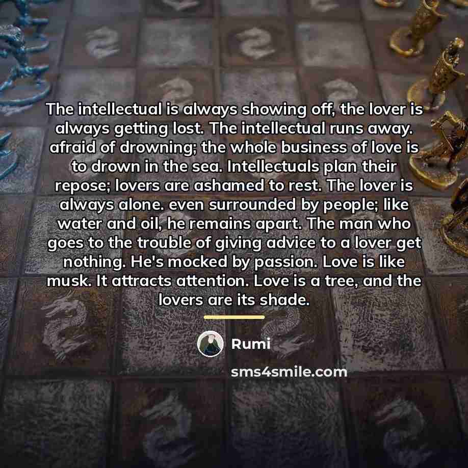 “The intellectual is always showing off, the lover is always…” quote by Rumi
