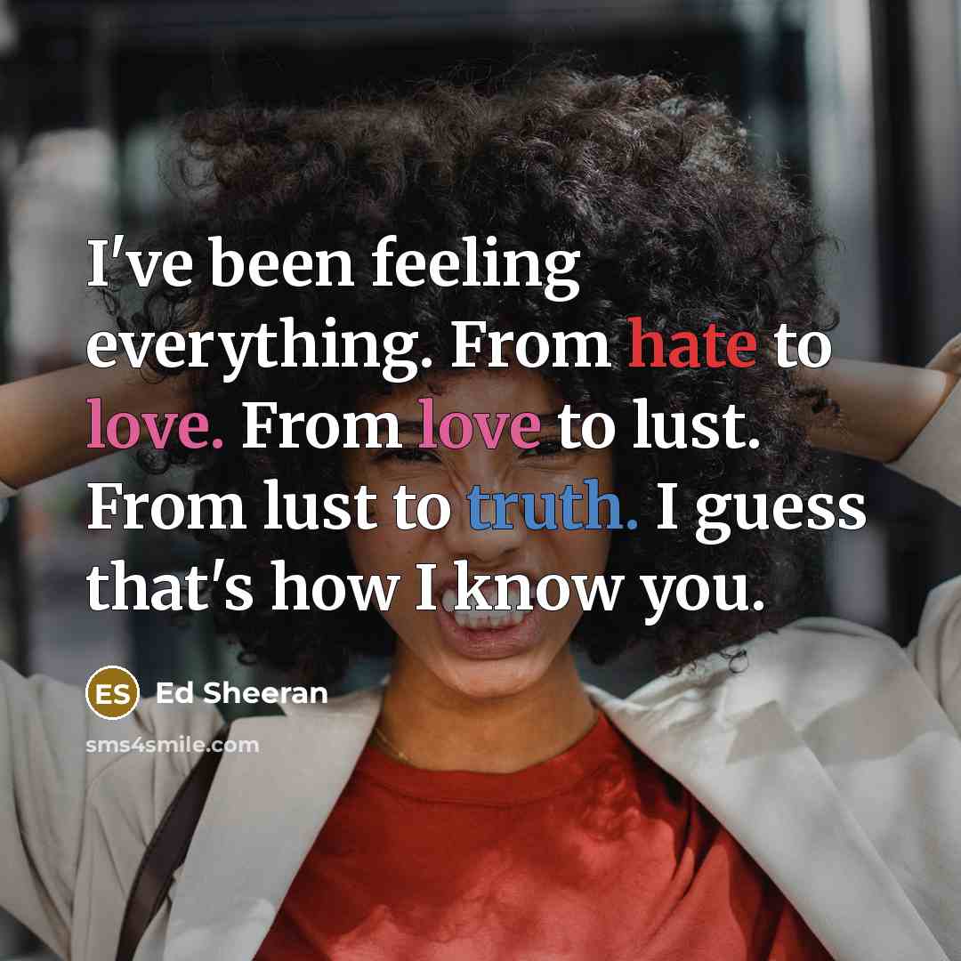 “I've been feeling everything. From hate to love. From love to lust. From lust to truth. I guess that's how I know you.” quote by Ed Sheeran
