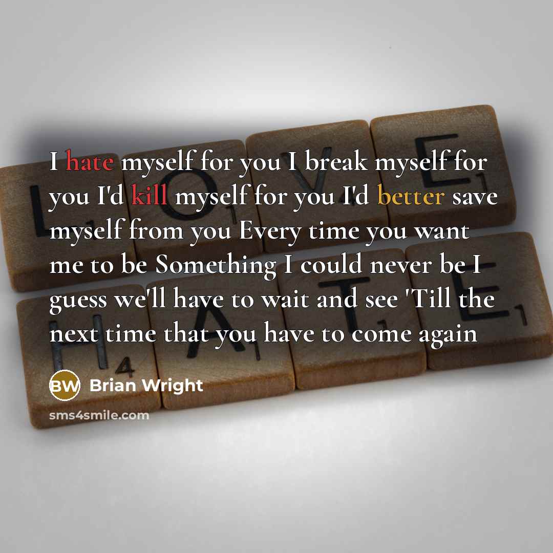 “I hate myself for you I break myself for you I'd kill myself for you I'd better save myself from you Every time you want me to be Something I could never be I guess we'll have to wait and see 'Till the next time that you have to come again” quote by Brian Wright