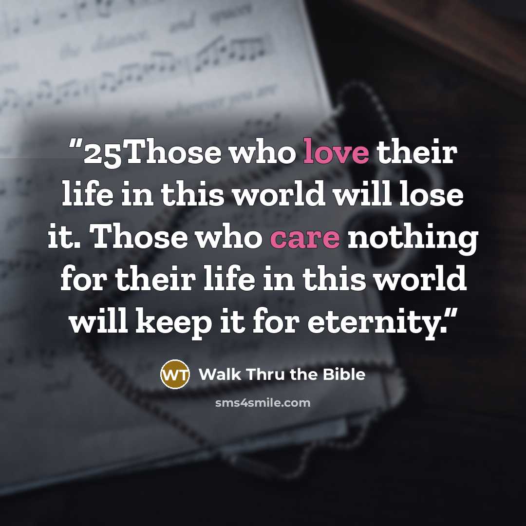 “25Those who love their life in this world will lose it. Those who care nothing for their life in this world will keep it for eternity.” quote by Walk Thru the Bible
