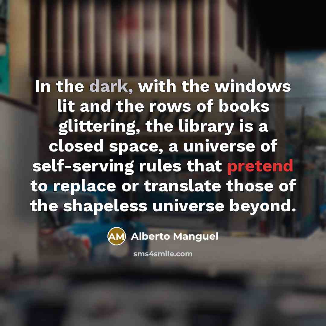 “In the dark, with the windows lit and the rows…” quote by Alberto Manguel