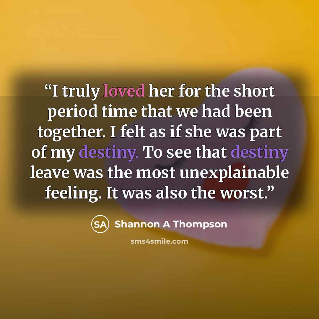“I truly loved her for the short period time that we had been together. I felt as if she was part of my destiny. To see that destiny leave was the most unexplainable feeling. It was also the worst.” quote by Shannon A Thompson