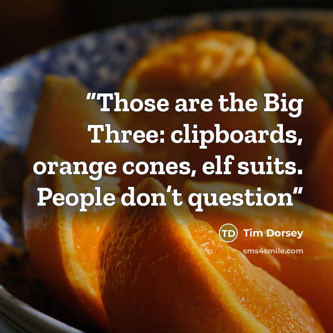 “Those are the Big Three: clipboards, orange cones, elf suits. People don’t question” quote by Tim Dorsey