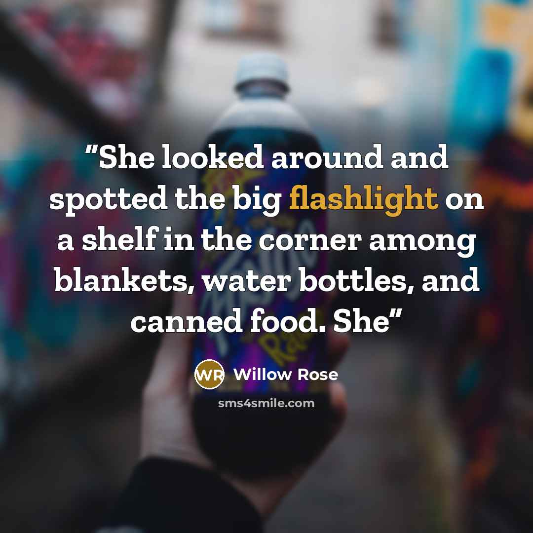“She looked around and spotted the big flashlight on a shelf in the corner among blankets, water bottles, and canned food. She” quote by Willow Rose