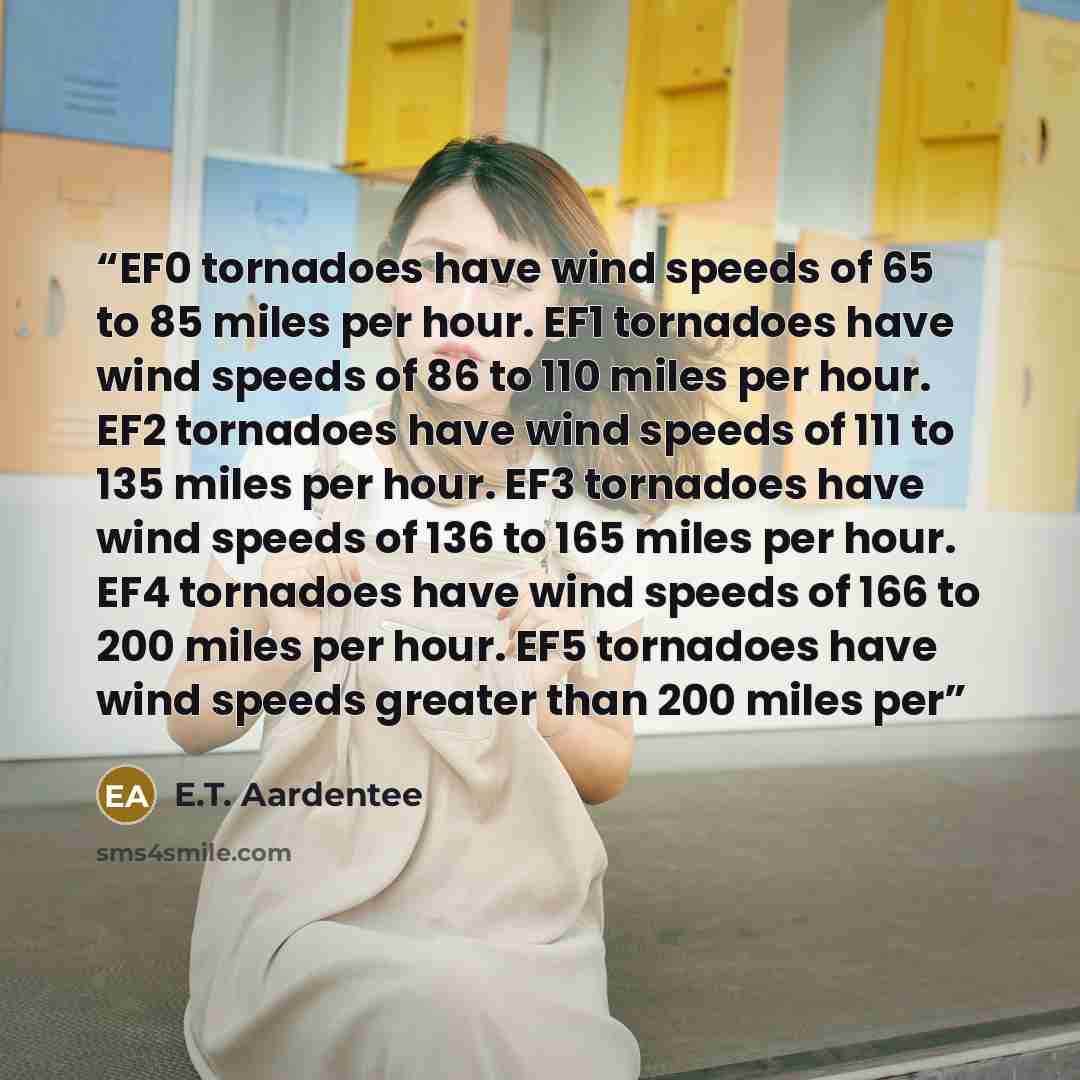 “EF0 tornadoes have wind speeds of 65 to 85 miles per hour. EF1 tornadoes have wind speeds of 86 to 110 miles per hour. EF2 tornadoes have wind speeds of 111 to 135 miles per hour. EF3 tornadoes have wind speeds of 136 to 165 miles per hour. EF4 tornadoes have wind speeds of 166 to 200 miles per…” quote by E.T. Aardentee