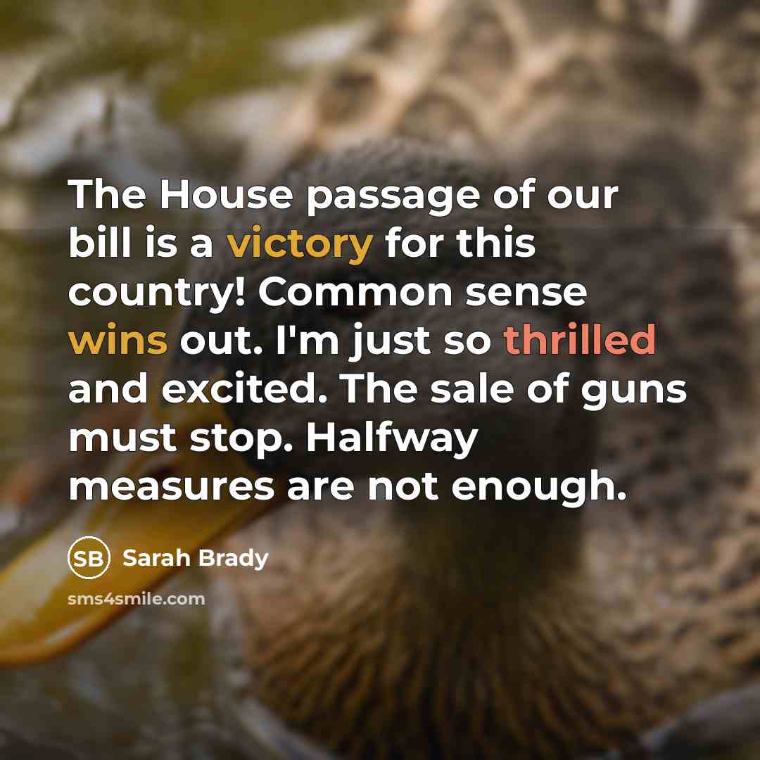 “The House passage of our bill is a victory for this country! Common sense wins out. I'm just so thrilled and excited. The sale of guns must stop. Halfway measures are not enough.” quote by Sarah Brady