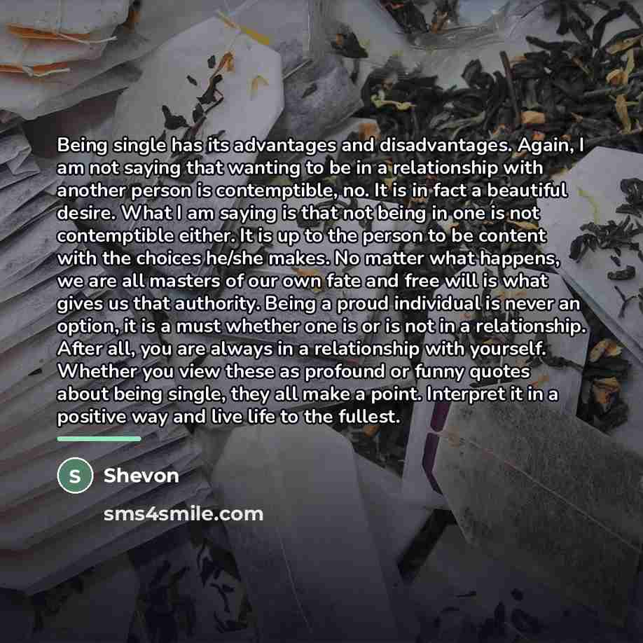 “Being single has its advantages and disadvantages. Again, I am…” quote by Shevon