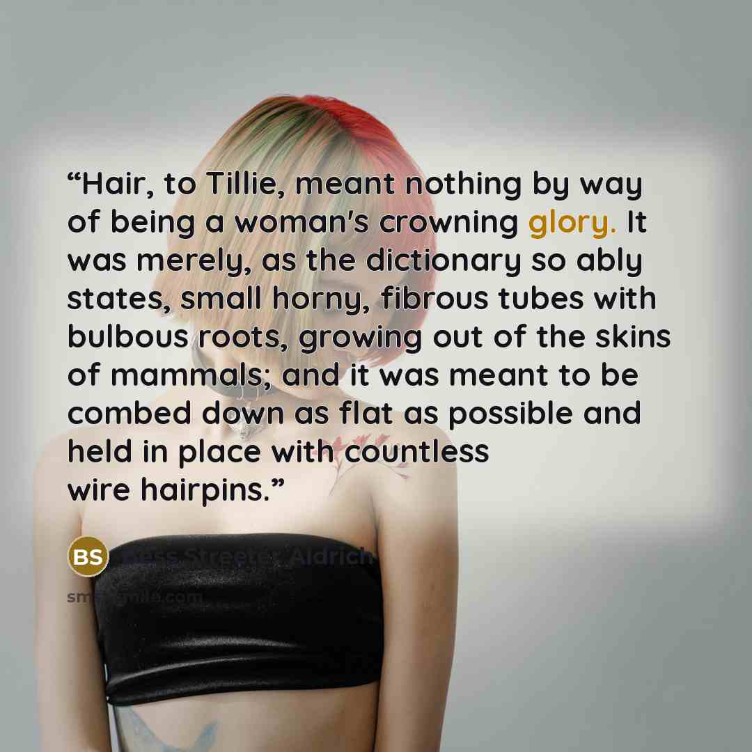 “Hair, to Tillie, meant nothing by way of being a woman's crowning glory. It was merely, as the dictionary so ably states, small horny, fibrous tubes with bulbous roots, growing out of the skins of mammals; and it was meant to be combed down as flat as possible and held in place with countless wire…” quote by Bess Streeter Aldrich