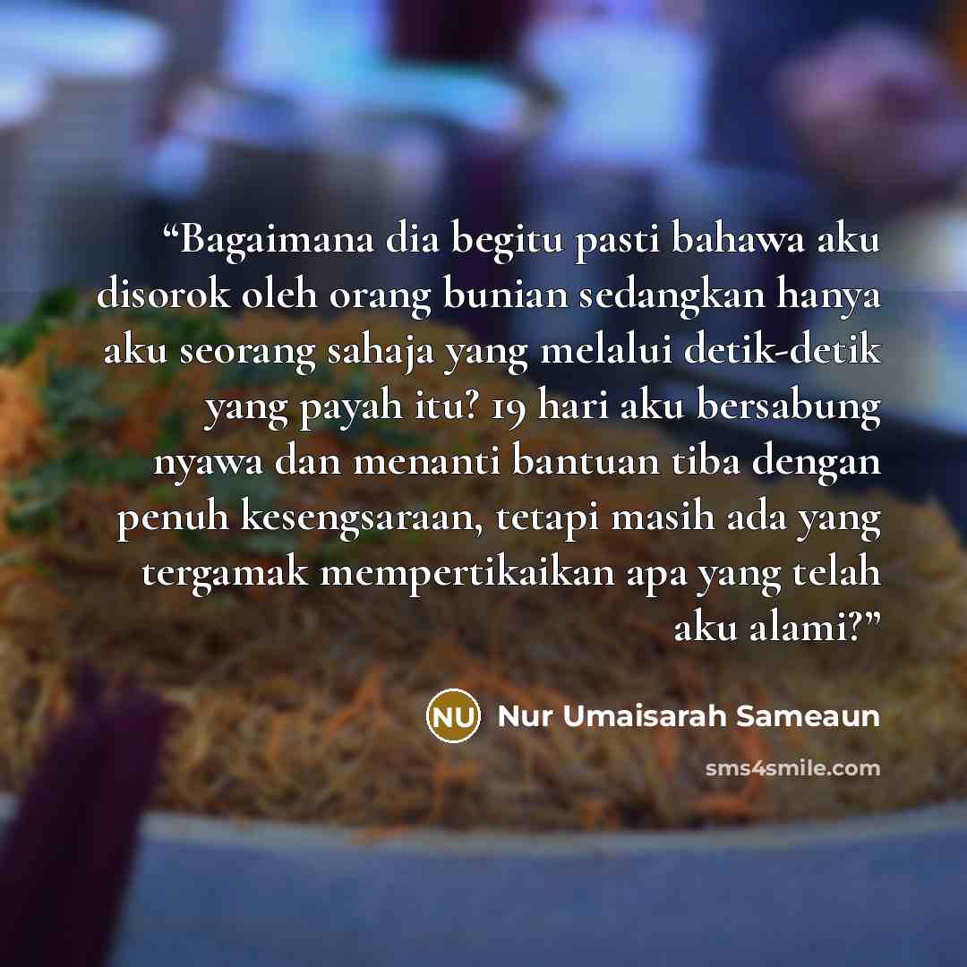 “Bagaimana dia begitu pasti bahawa aku disorok oleh orang bunian sedangkan hanya aku seorang sahaja yang melalui detik-detik yang payah itu? 19 hari aku bersabung nyawa dan menanti bantuan tiba dengan penuh kesengsaraan, tetapi masih ada yang tergamak mempertikaikan apa yang telah aku alami?” quote by Nur Umaisarah Sameaun