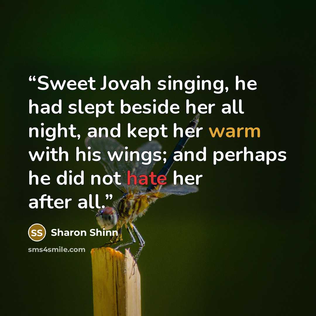 “Sweet Jovah singing, he had slept beside her all night, and kept her warm with his wings; and perhaps he did not hate her after all.” quote by Sharon Shinn