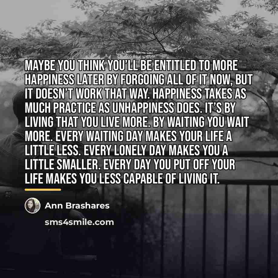 “Maybe you think you’ll be entitled to more happiness later…” quote by Ann Brashares