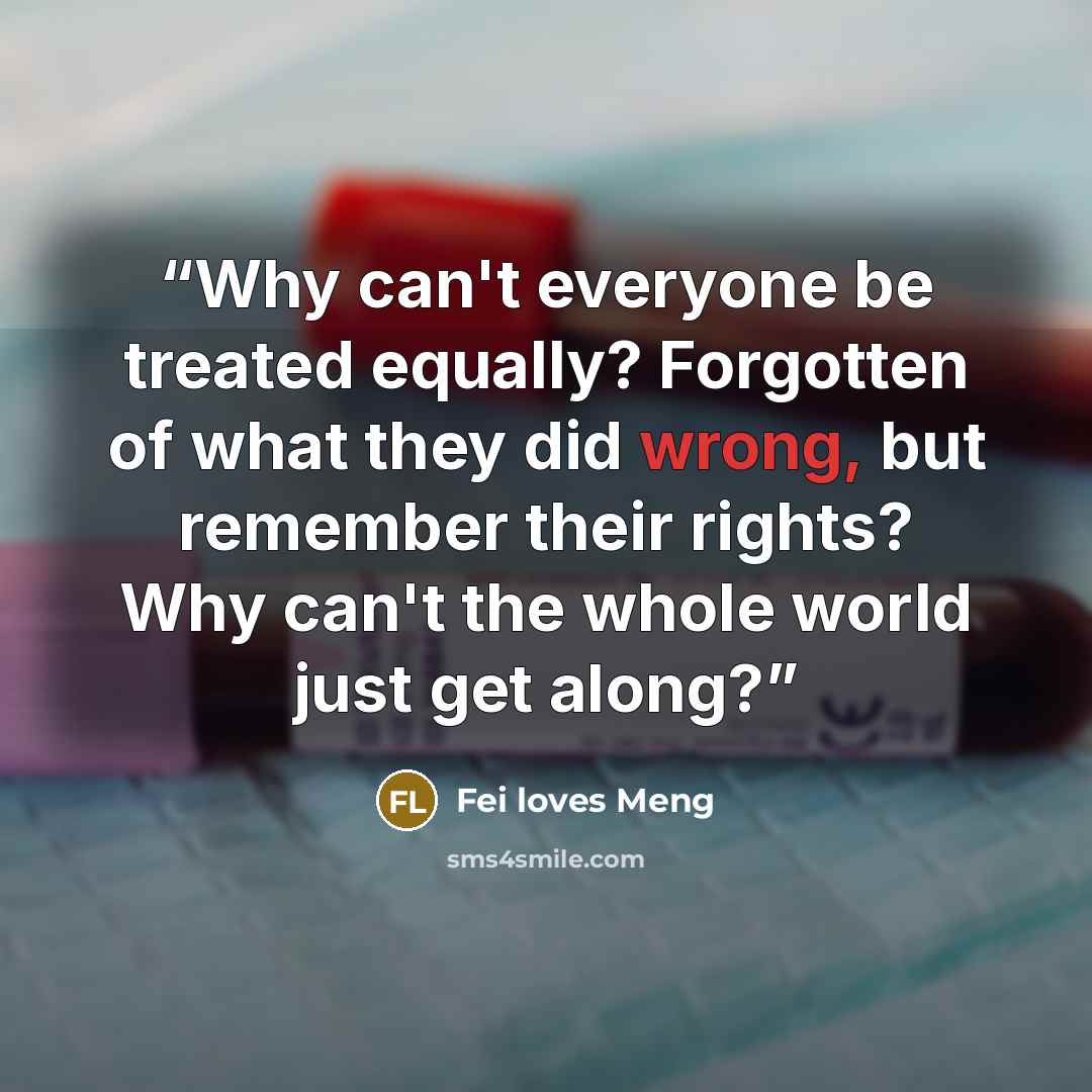 “Why can't everyone be treated equally? Forgotten of what they did wrong, but remember their rights? Why can't the whole world just get along?” quote by Fei loves Meng