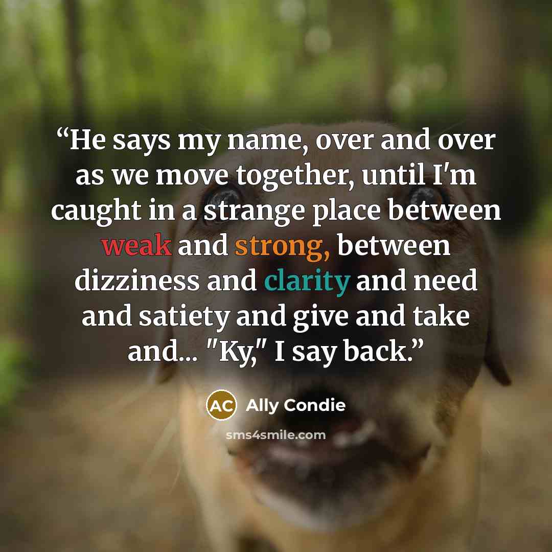 “He says my name, over and over as we move together, until I'm caught in a strange place between weak and strong, between dizziness and clarity and need and satiety and give and take and... "Ky," I say back.” quote by Ally Condie