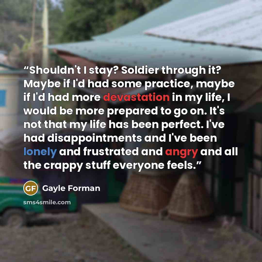 “Shouldn't I stay? Soldier through it? Maybe if I'd had some practice, maybe if I'd had more devastation in my life, I would be more prepared to go on. It's not that my life has been perfect. I've had disappointments and I've been lonely and frustrated and angry and all the crappy stuff everyone…” quote by Gayle Forman