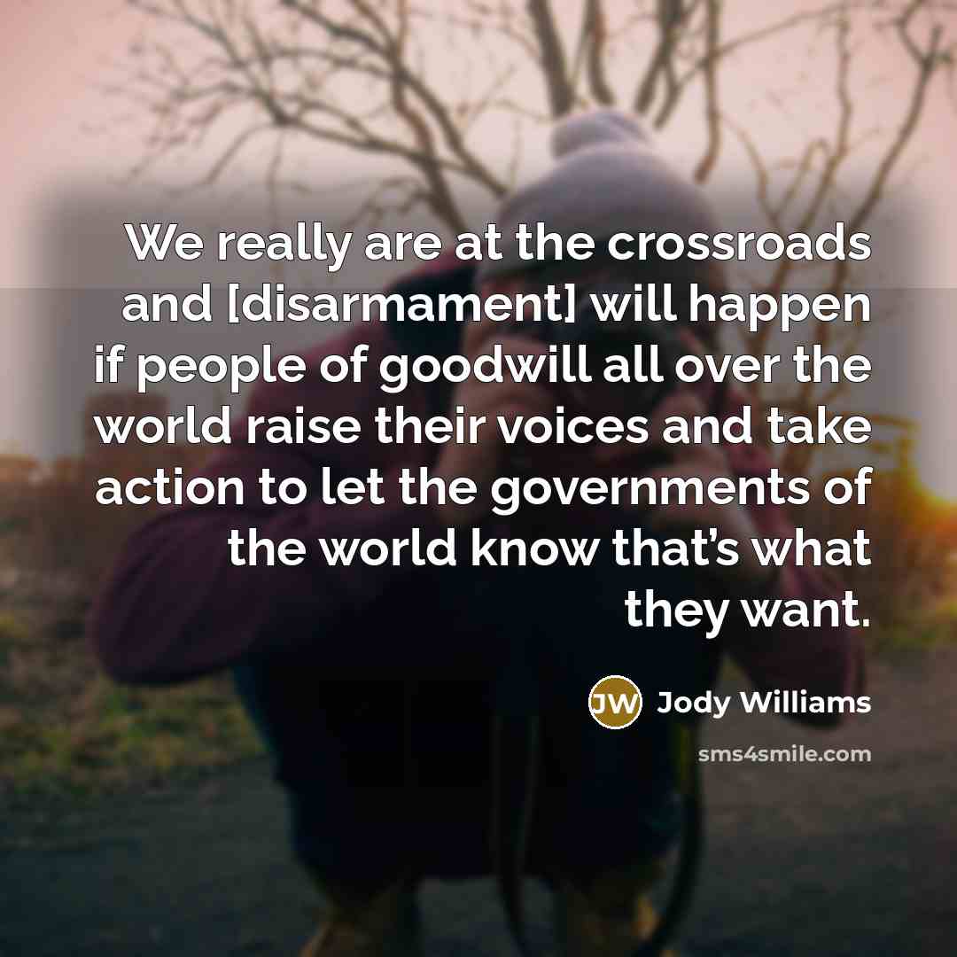 “We really are at the crossroads and [disarmament] will happen…” quote by Jody Williams