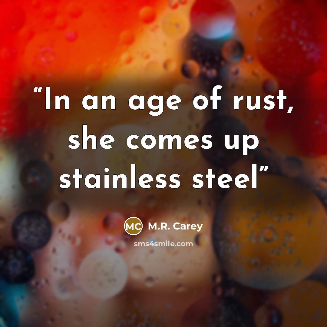 “In an age of rust, she comes up stainless steel” quote by M.R. Carey