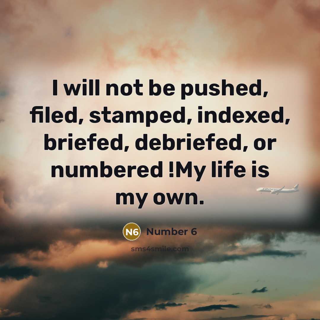 “I will not be pushed, filed, stamped, indexed, briefed, debriefed, or numbered !My life is my own.” quote by Number 6