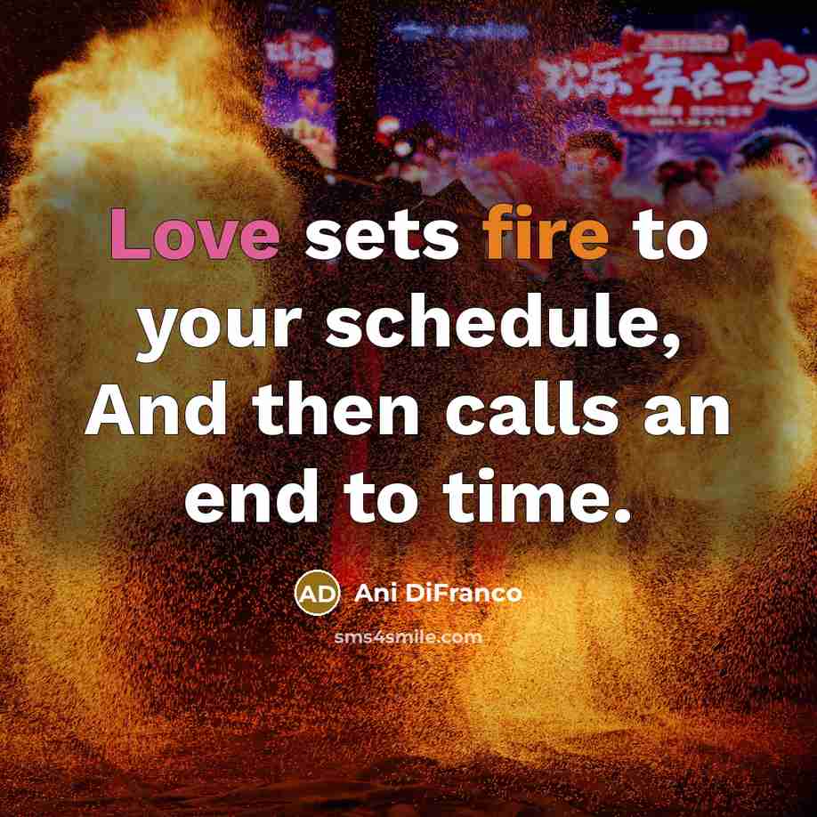 “Love sets fire to your schedule, And then calls an…” quote by Ani DiFranco