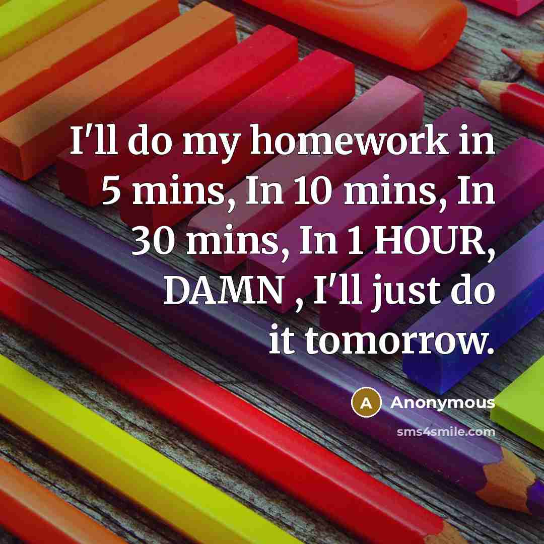 “I'll do my homework in 5 mins, In 10 mins,…” quote by Anonymous