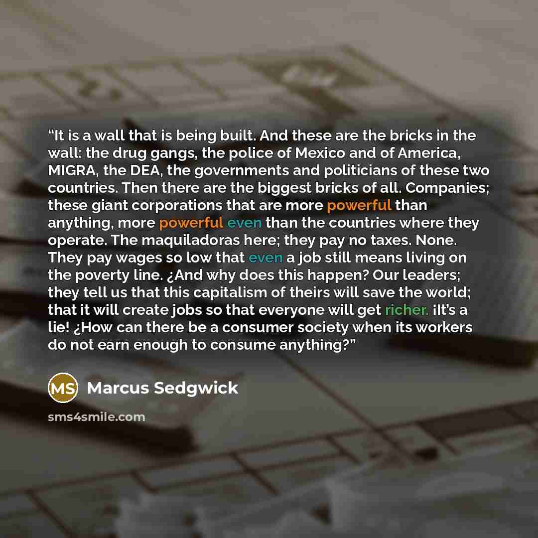 “It is a wall that is being built. And these are the bricks in the wall: the drug gangs, the police of Mexico and of America, MIGRA, the DEA, the governments and politicians of these two countries. Then there are the biggest bricks of all. Companies; these giant corporations that are more powerful…” quote by Marcus Sedgwick