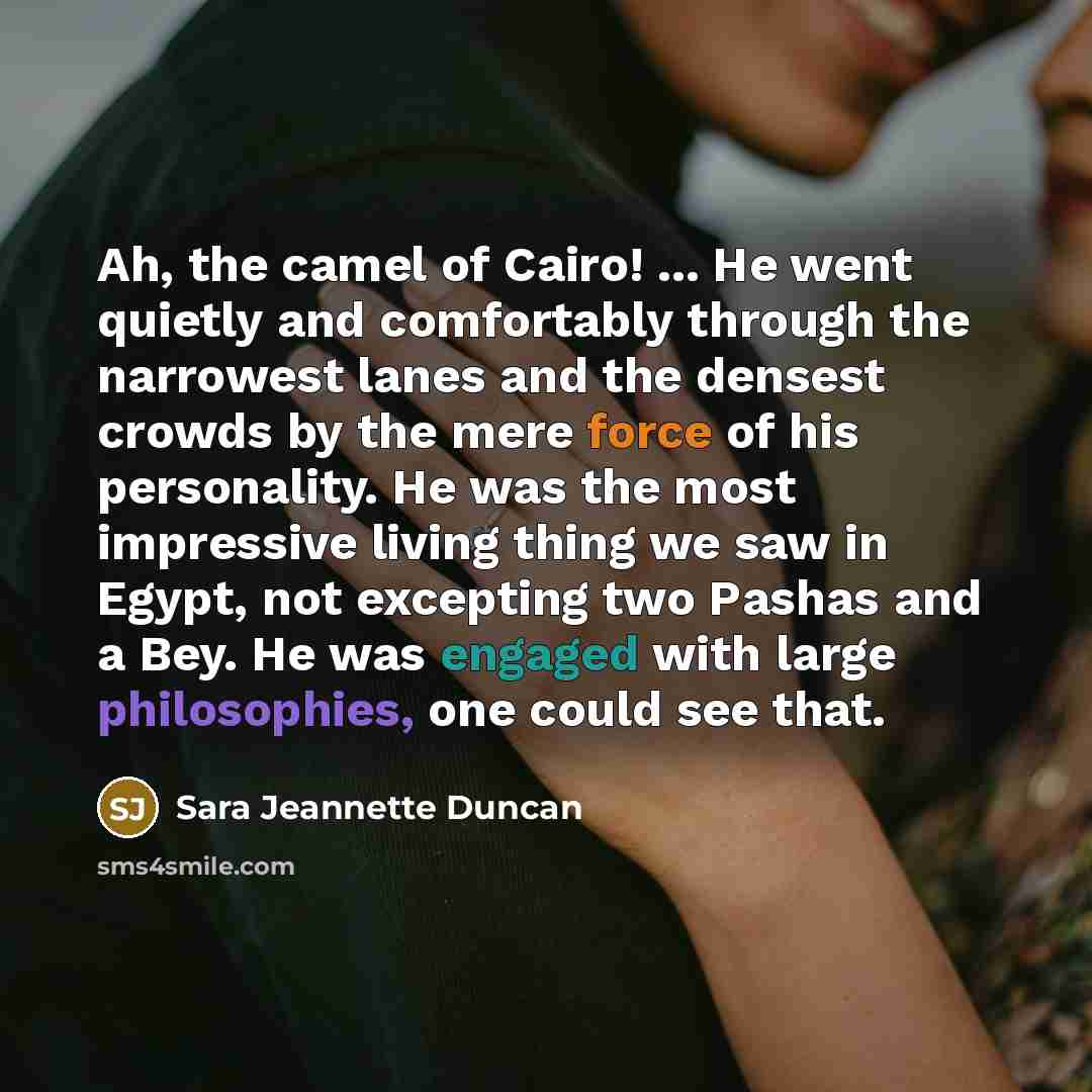 “Ah, the camel of Cairo! ... He went quietly and comfortably through the narrowest lanes and the densest crowds by the mere force of his personality. He was the most impressive living thing we saw in Egypt, not excepting two Pashas and a Bey. He was engaged with large philosophies, one could see…” quote by Sara Jeannette Duncan