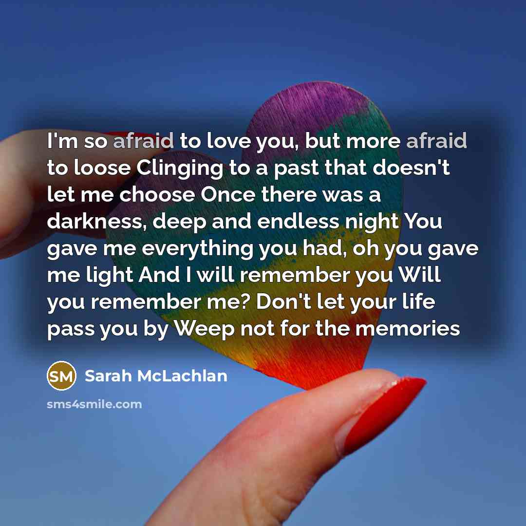 “I'm so afraid to love you, but more afraid to…” quote by Sarah McLachlan