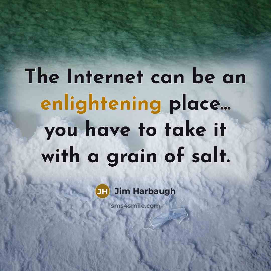 “The Internet can be an enlightening place... you have to take it with a grain of salt.” quote by Jim Harbaugh