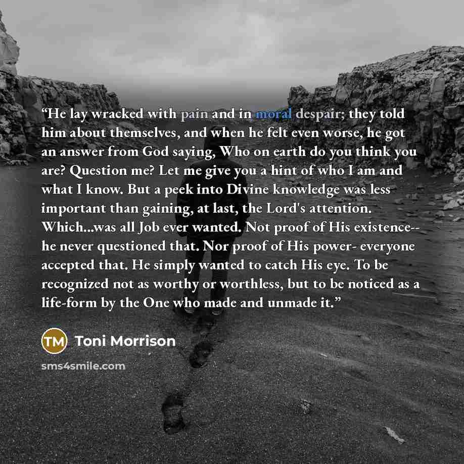 “He lay wracked with pain and in moral despair; they told him about themselves, and when he felt even worse, he got an answer from God saying, Who on earth do you think you are? Question me? Let me give you a hint of who I am and what I know. But a peek into Divine knowledge was less important than…” quote by Toni Morrison