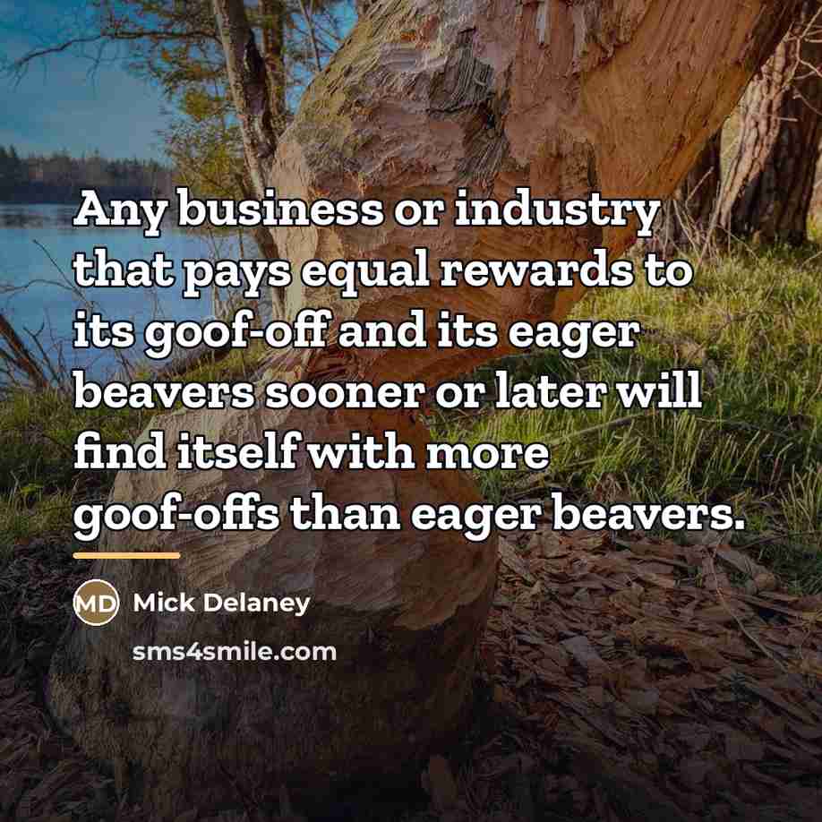 “Any business or industry that pays equal rewards to its…” quote by Mick Delaney