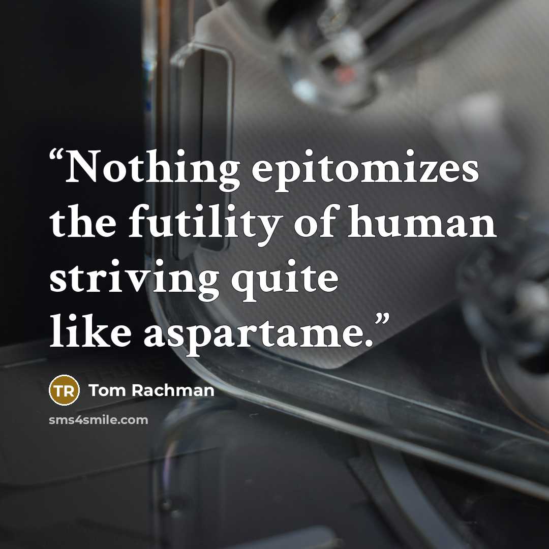 “Nothing epitomizes the futility of human striving quite like aspartame.” quote by Tom Rachman