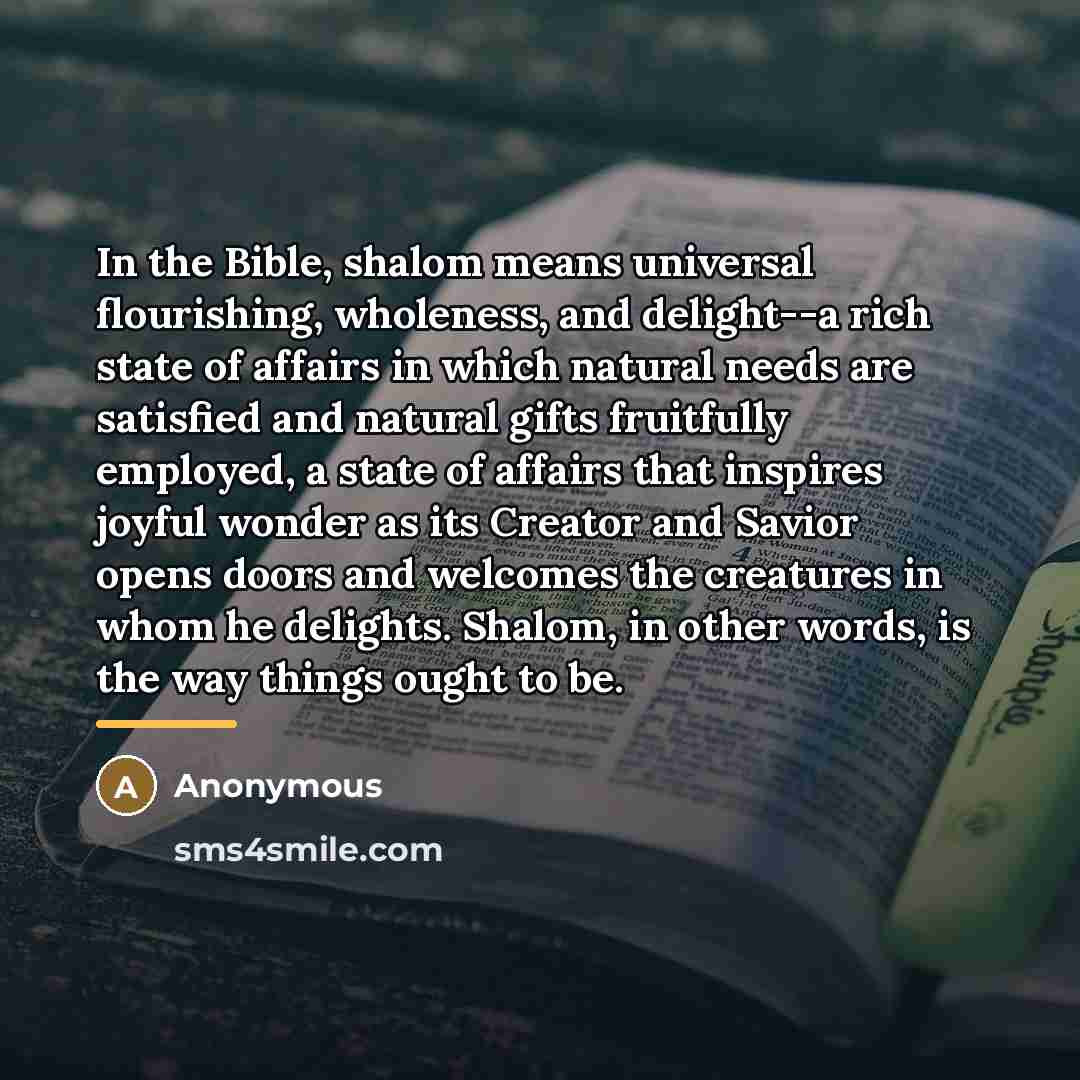 “In the Bible, shalom means universal flourishing, wholeness, and delight--a…” quote by Anonymous