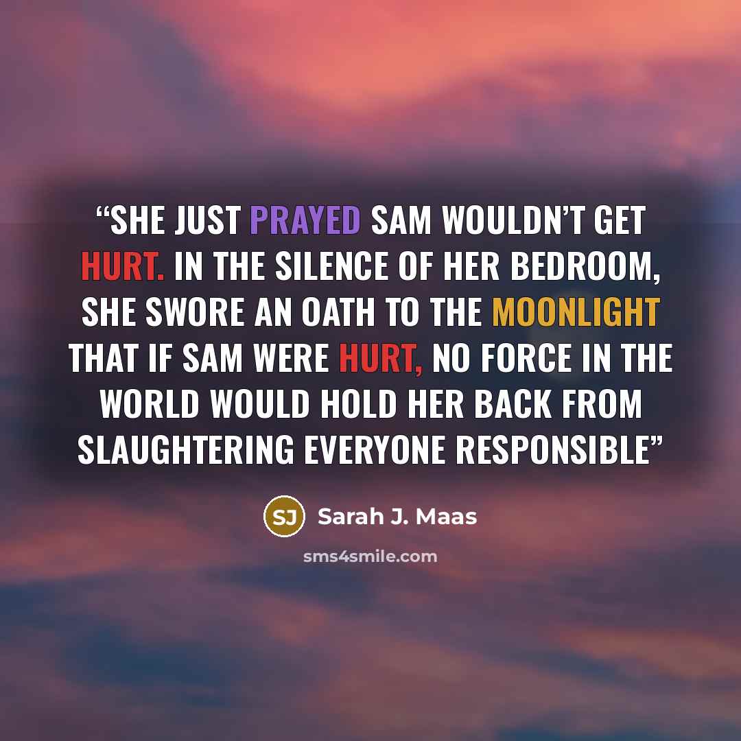 “She just prayed Sam wouldn’t get hurt. In the silence of her bedroom, she swore an oath to the moonlight that if Sam were hurt, no force in the world would hold her back from slaughtering everyone responsible” quote by Sarah J. Maas