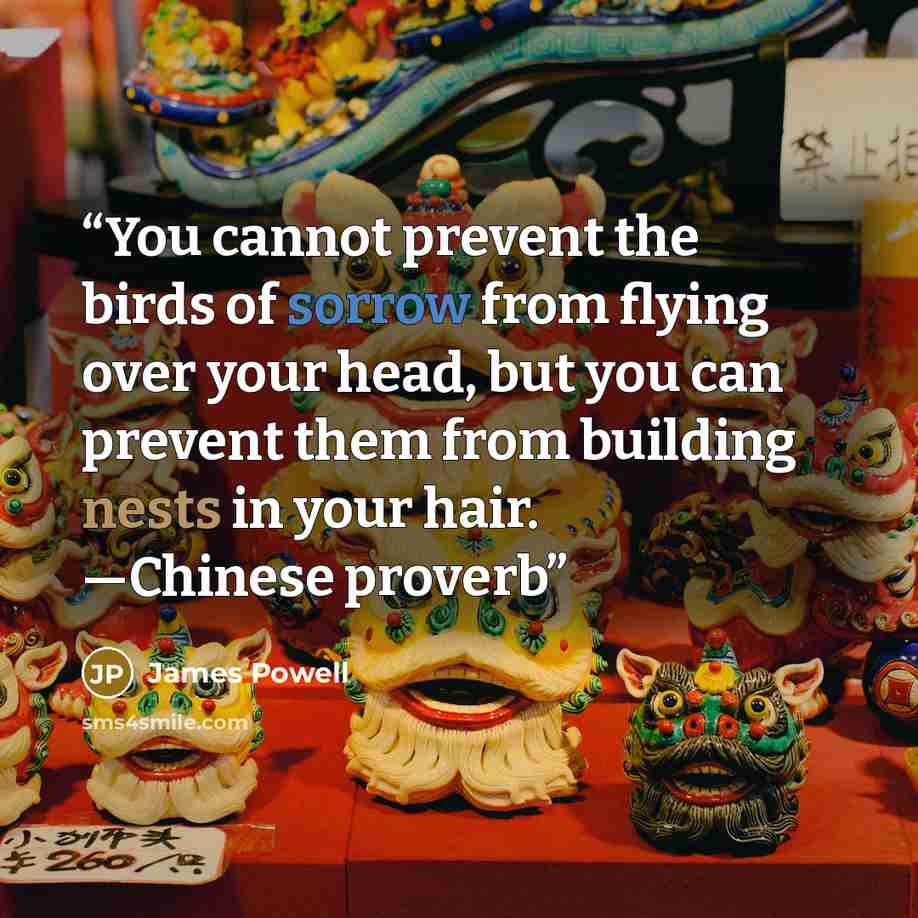 “You cannot prevent the birds of sorrow from flying over your head, but you can prevent them from building nests in your hair. —Chinese proverb” quote by James Powell