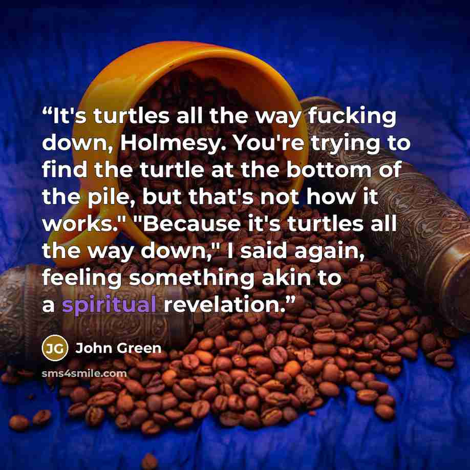 “It's turtles all the way fucking down, Holmesy. You're trying to find the turtle at the bottom of the pile, but that's not how it works." "Because it's turtles all the way down," I said again, feeling something akin to a spiritual revelation.” quote by John Green