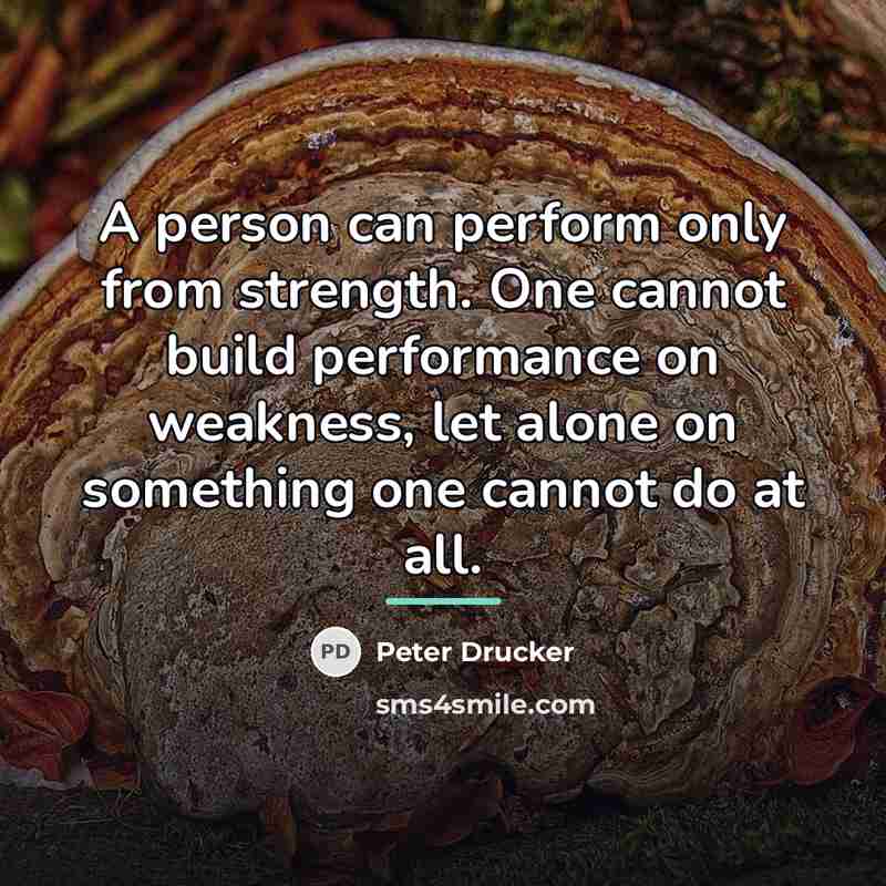 “A person can perform only from strength. One cannot build…” quote by Peter Drucker
