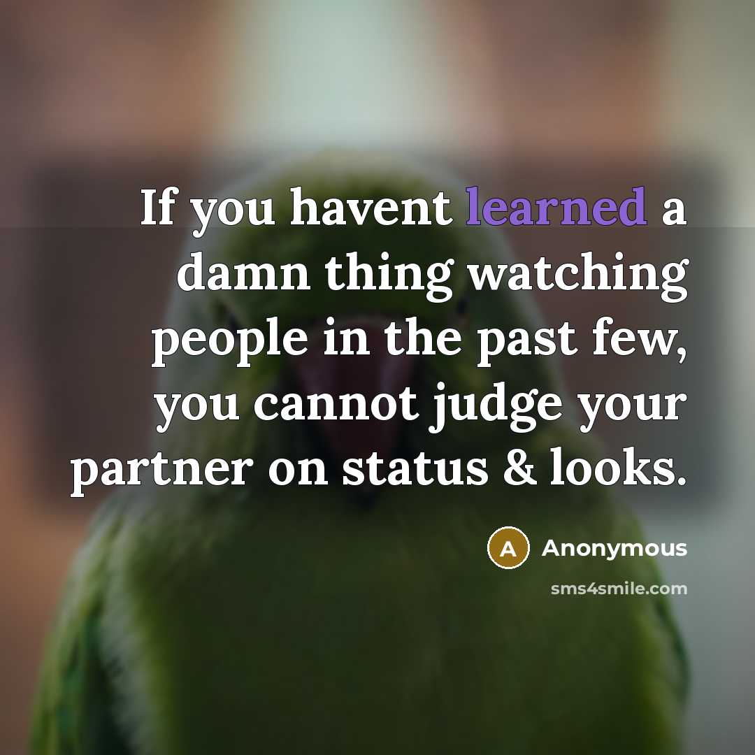 “If you havent learned a damn thing watching people in the past few, you cannot judge your partner on status & looks.” quote by Anonymous