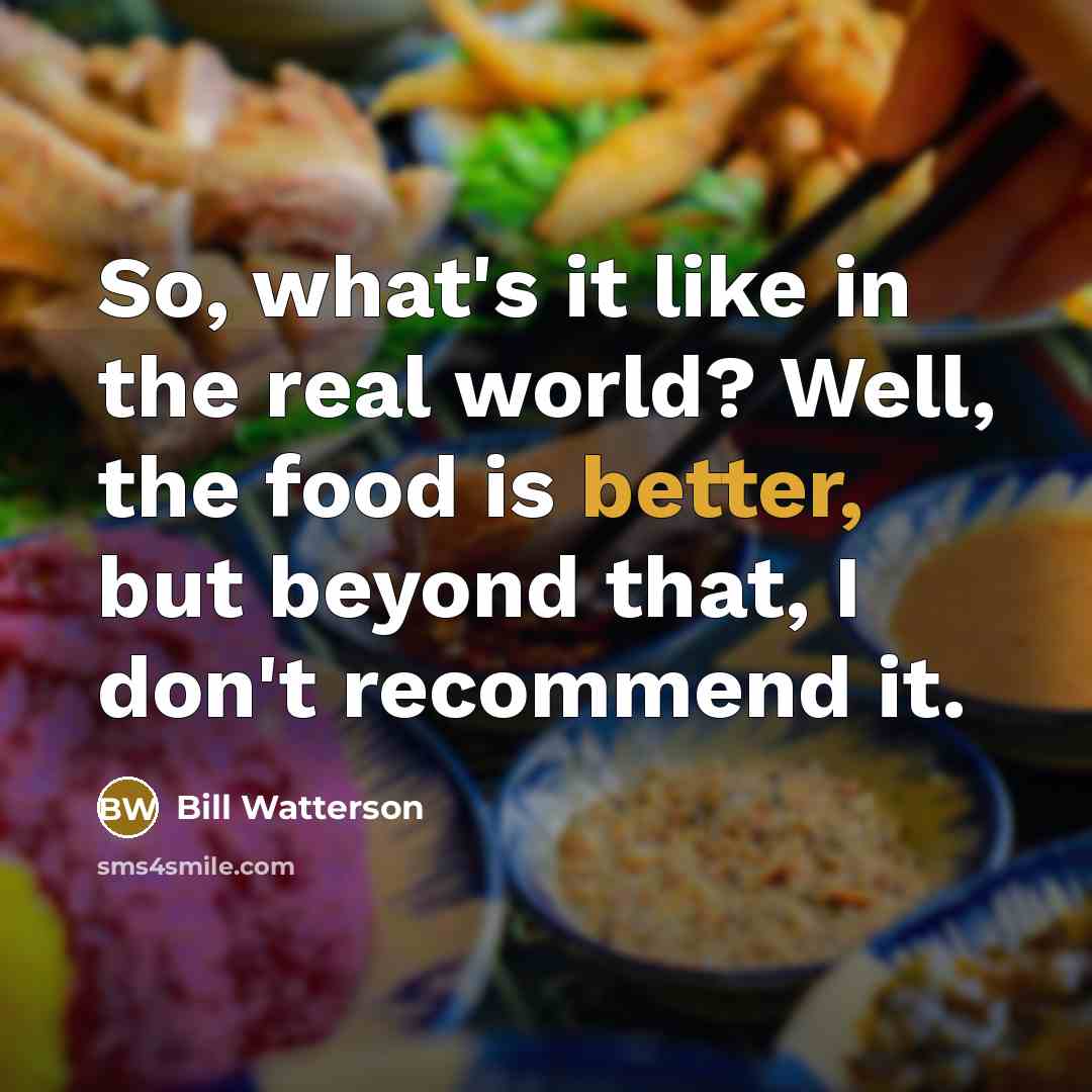 “So, what's it like in the real world? Well, the food is better, but beyond that, I don't recommend it.” quote by Bill Watterson