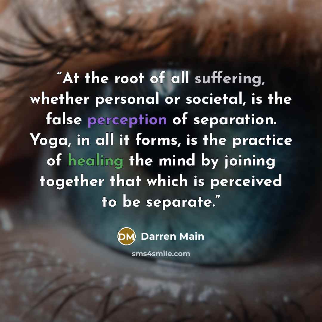 “At the root of all suffering, whether personal or societal, is the false perception of separation. Yoga, in all it forms, is the practice of healing the mind by joining together that which is perceived to be separate.” quote by Darren Main