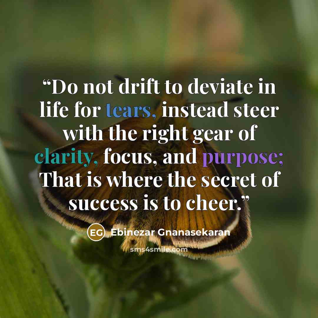 “Do not drift to deviate in life for tears, instead steer with the right gear of clarity, focus, and purpose; That is where the secret of success is to cheer.” quote by Ebinezar Gnanasekaran