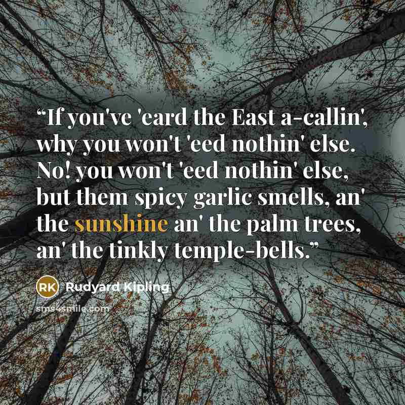 “If you've 'eard the East a-callin', why you won't 'eed nothin' else. No! you won't 'eed nothin' else, but them spicy garlic smells, an' the sunshine an' the palm trees, an' the tinkly temple-bells.” quote by Rudyard Kipling