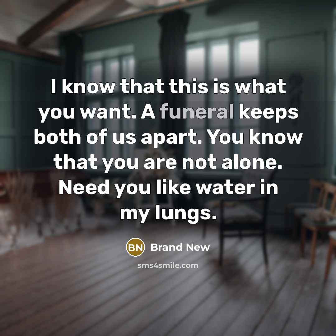 “I know that this is what you want. A funeral keeps both of us apart. You know that you are not alone. Need you like water in my lungs.” quote by Brand New