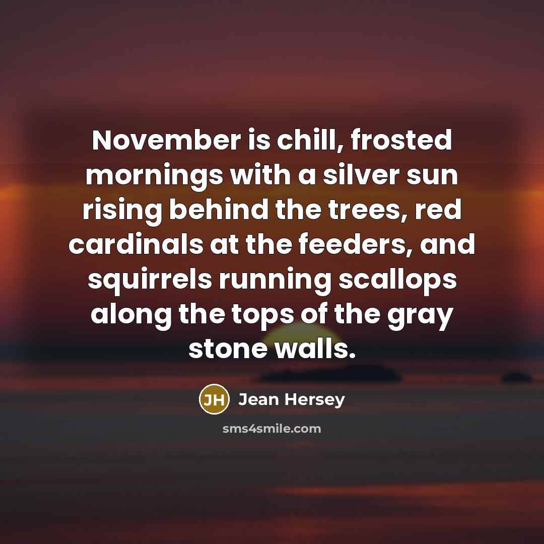“November is chill, frosted mornings with a silver sun rising…” quote by Jean Hersey