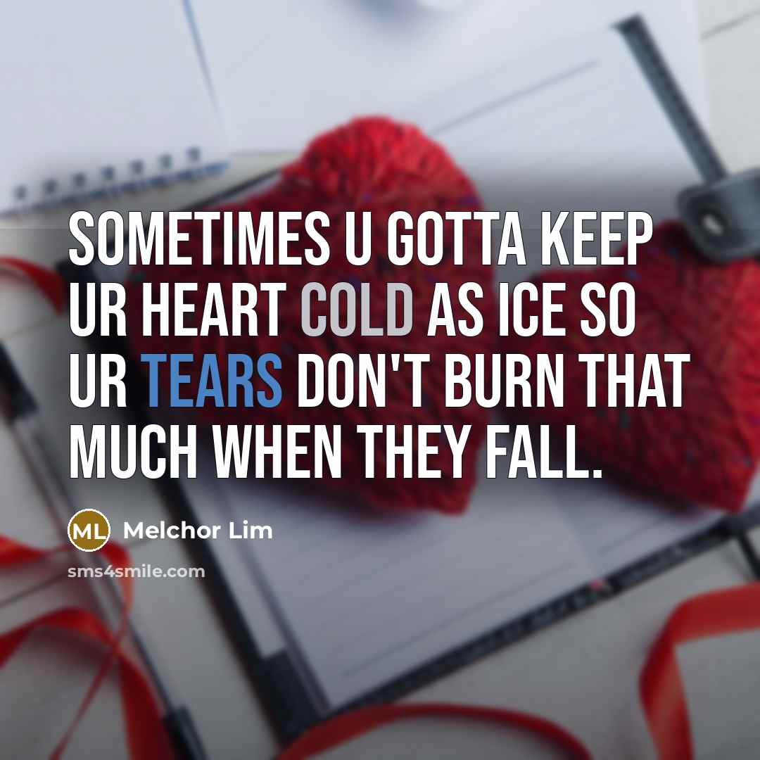 “Sometimes u gotta keep ur heart cold as ice so ur tears don't burn that much when they fall.” quote by Melchor Lim