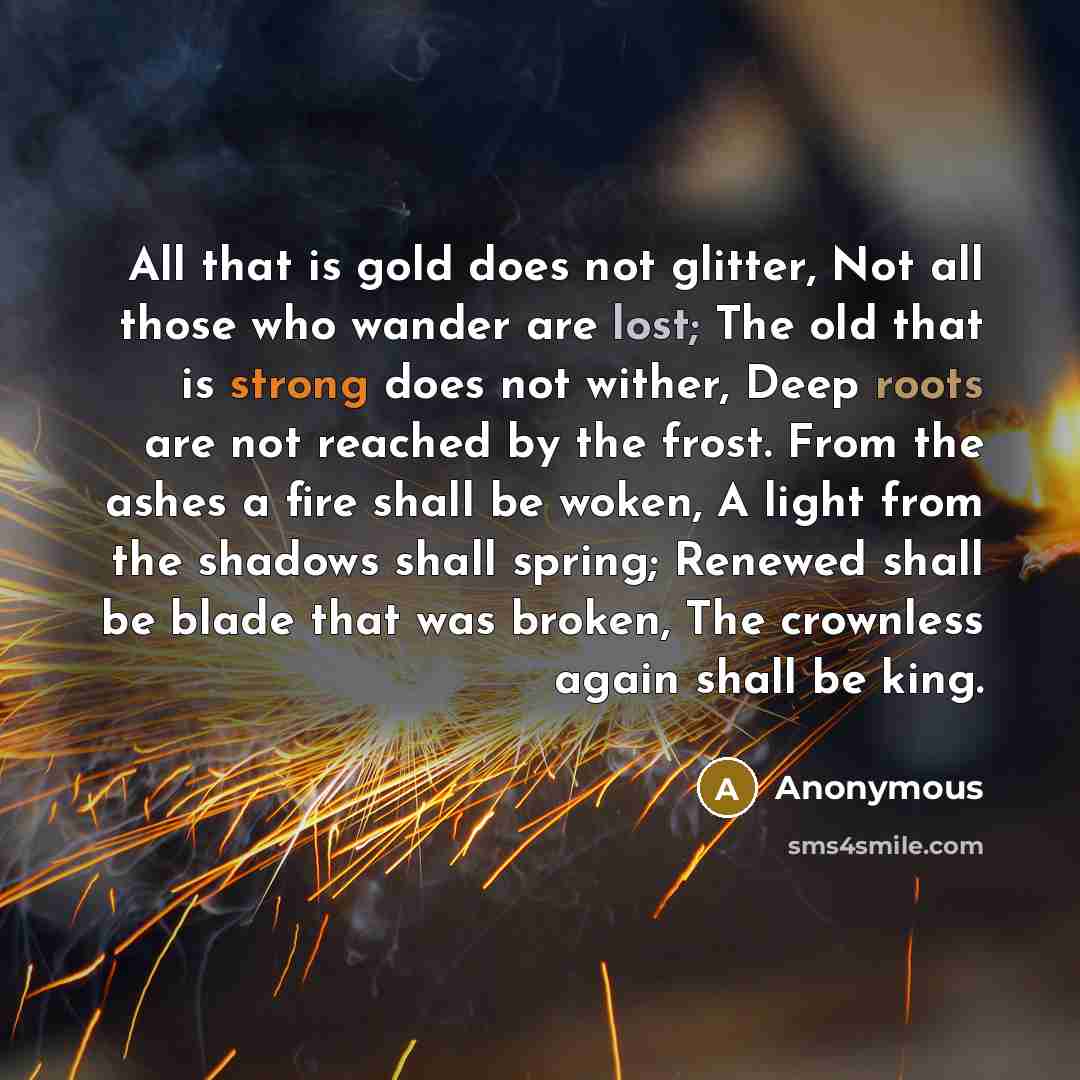 “All that is gold does not glitter, Not all those who wander are lost; The old that is strong does not wither, Deep roots are not reached by the frost. From the ashes a fire shall be woken, A light from the shadows shall spring; Renewed shall be blade that was broken, The crownless again shall be…” quote by Anonymous