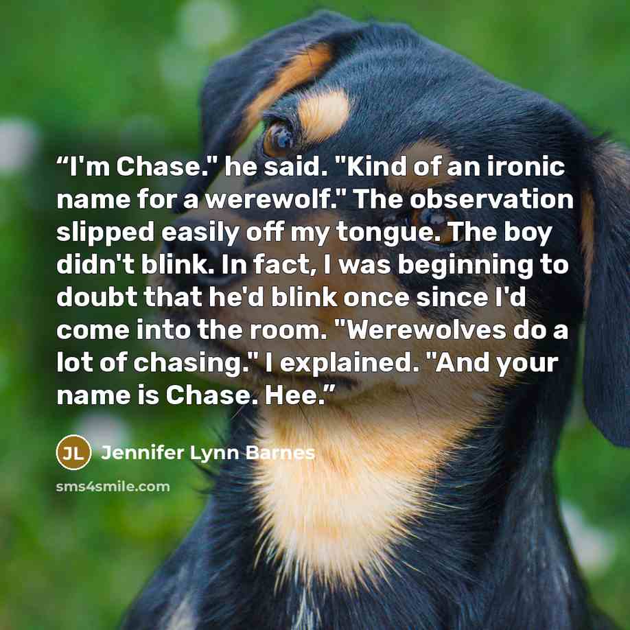 “I'm Chase." he said. "Kind of an ironic name for a werewolf." The observation slipped easily off my tongue. The boy didn't blink. In fact, I was beginning to doubt that he'd blink once since I'd come into the room. "Werewolves do a lot of chasing." I explained. "And your name is Chase. Hee.” quote by Jennifer Lynn Barnes