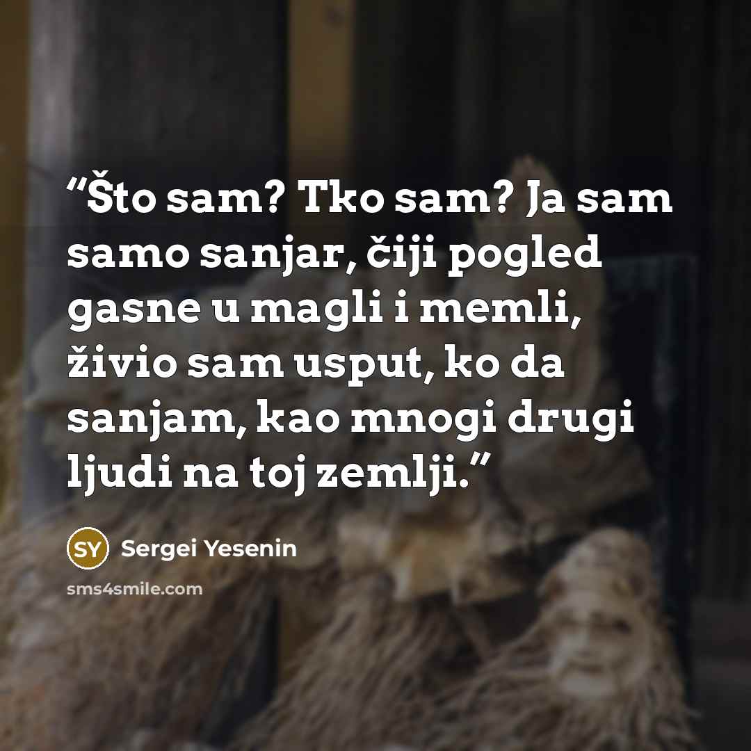 “Što sam? Tko sam? Ja sam samo sanjar, čiji pogled gasne u magli i memli, živio sam usput, ko da sanjam, kao mnogi drugi ljudi na toj zemlji.” quote by Sergei Yesenin